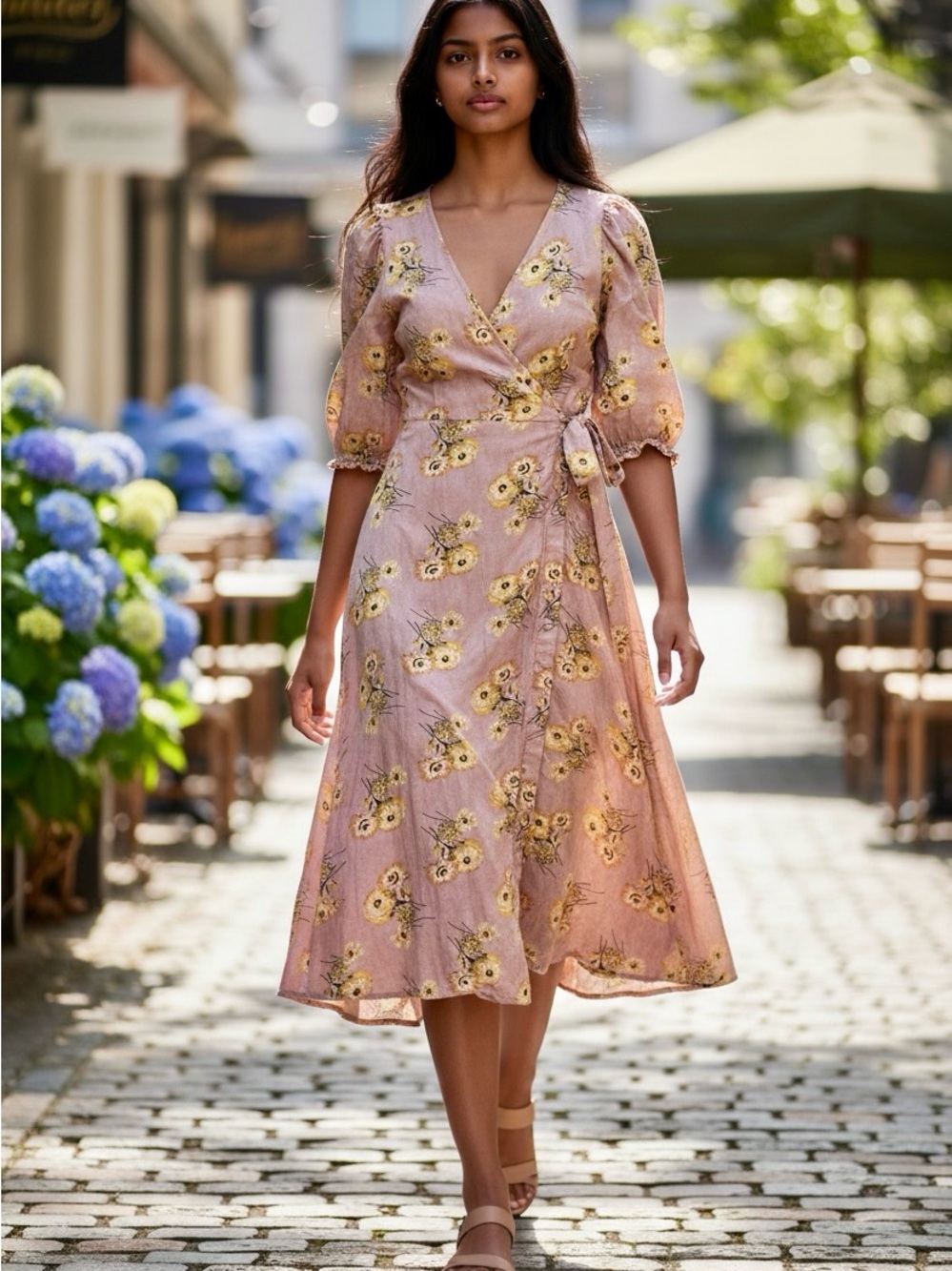 Madewell Floral Wrap Midi Dress S Linen Blend Cottagecore Puff Sleeve Boho